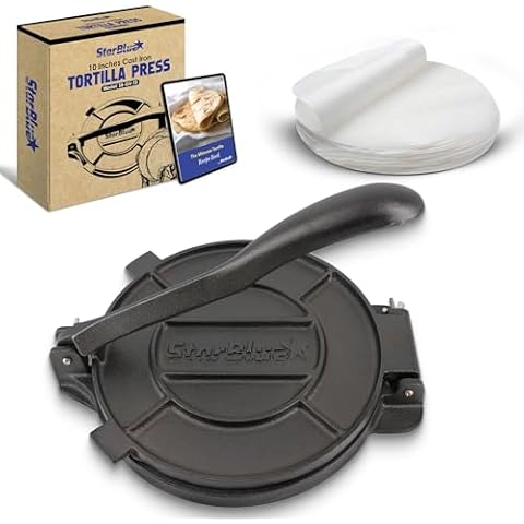 10 Inch Cast Iron Tortilla Press by StarBlue with FREE 100 Pieces Oil Paper and Digital Recipes e-book - Tool to make Indian style Chapati, Flour Tortilla, Roti Cover