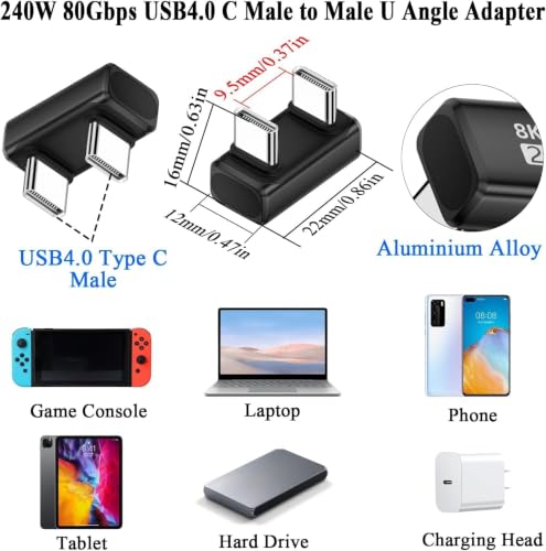 Image of 80Gbps USB C U Shaped Angle Data Adapter PD240W USB Type C Male to Male 180Angle Fast Charge Connector USB4.0 C Full Function U Shape Plug, 8k@60HZ Casting, for Smartphone Steam Deck