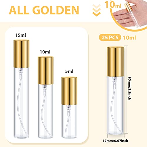 Yinder 25 Pcs 10 ml Glass Refillable Perfume Bottles Bulk Travel Empty Perfume Atomizer Sprayers Portable Spray Bottles Mini Sample Fragrance Containers, Gold