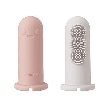 Fourfeet Dino Finger Toothbrush | Baby Silicone Oral Care Brush | Toddler Gum Cleaner | BPA Free Soft Bristles | Easy Drying Air Vent | Food Grade Material | Made in Korea - Beige + Grey 2PCS