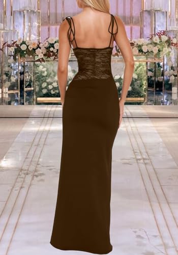 Image of Unybwonn Lace Maxi Dress Sexy Sheer Sleeveless Bodycon Mesh Long Dresses Cut Out Spaghetti Strap Wedding Guest Dress