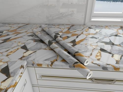 Image of D-fix Marble Peel and Stick Wallpaper for Home Decor, Waterproof Self-Adhesive Wall Stickers for Kitchen, Bathroom, Living Room - Wall Paper (60X200 CM (White Golden Line)