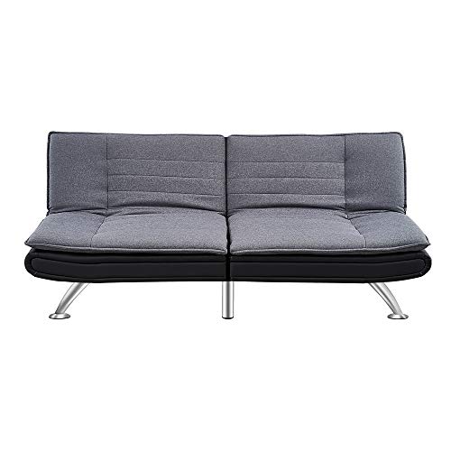 Sofá cama de 3 plazas acolchado sofá cama reclinable sofá cama con patas cromadas para sala de estar y sala de estar con mecanismo de clic (tela gris superior y base de cuero sintético negro)