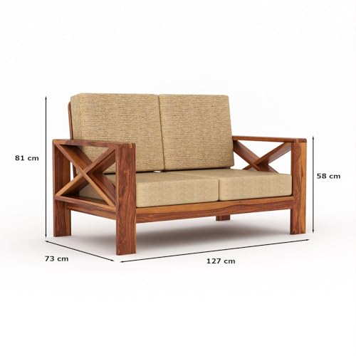 Image of Sheesham Wooden 4 Seater Sofa for Living Room | Rosewood 4 Seater Cushion Sofa X-Legs | Solid Wood Sofa Set for Lounge (2+2,Honey)