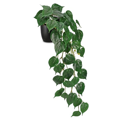 Hollyone Künstliche Pflanzen Hängend 85cm Golden Pothos Zimmerpflanze Gefälschte Efeupflanze Künstliche Hängepflanze im Topf für Haus Zimmer Regal Büro Tischdeko Grün