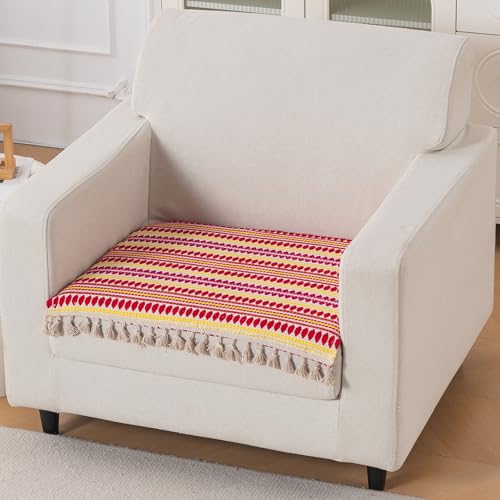 Image of HOKIPO 'Artisan Boho Series' 1 Seater Sofa Cover Mat | 450 GSM Cotton Acrylic Jacquard with Tassel, Ruby Red (IN-901-A6*S)