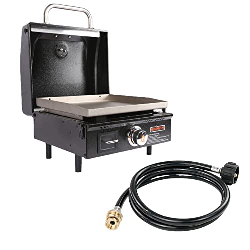 Qulimetal 4 Feet Propane Adapter Hose And Portable Table Top Griddle, 17 Inch Propane Gas Flat Top Grill With Hood, 15,000 Btus 268 Sq. In. Camping Grill With Carry Bag #TOP19