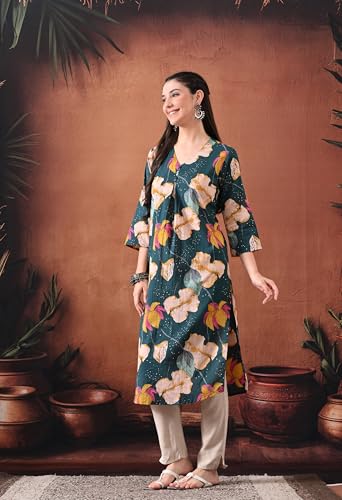 Image of Ichaa Women's Pure Cotton A-Line Ethnic V-Neck Kurta with 3 /4th Sleeve for Daily and Office Wear, in Plus Sizes