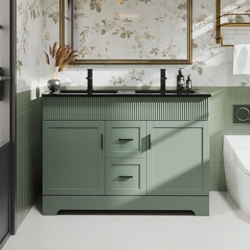 Image of eclife 48 inch Bathroom Vanities Sink Combo with Painted Surface, Modern Drawered Cabinet W /Decorative Wave Lines, Undermount Double Black Sink, Matte Black Faucet Drain, Gray Green
