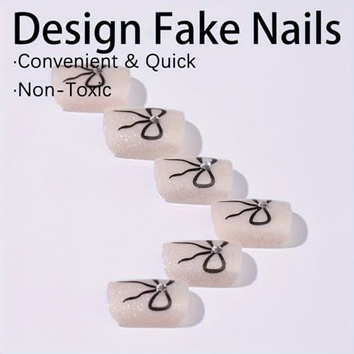 Image of Bow Press on Toenails White Fake Toenails Short Squar Toe Nails with Shiny Design Glitter Glue on Toenail Glossy Full Cover Stick on Toes for Women Manicure 24Pcs