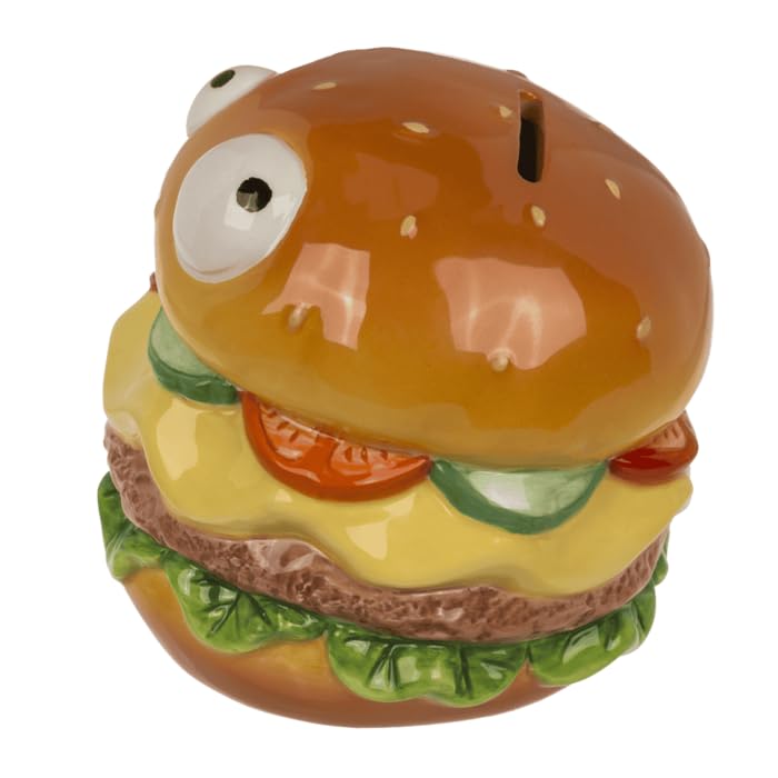 Hucha Hamburguesa de Cerámica con Ojos, Diseño Divertido, con Cerradura, 12 x 11 cm, en Caja de Regalo