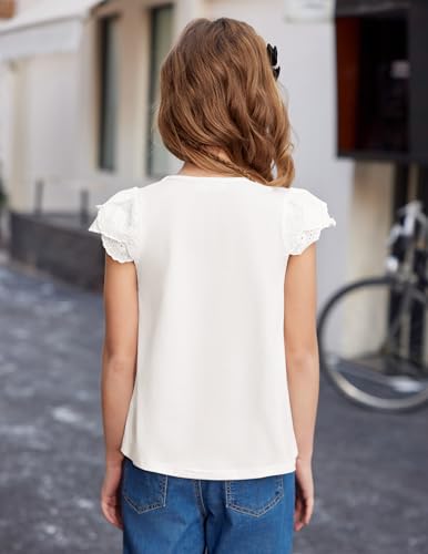 Image of Arshiner Girls Shirts Short Sleeve Square Neck Summer Lace Openwork Pleated Tops Blouse Tunic