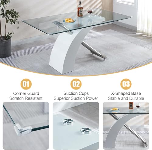 Image of 7 Piece Glass Dining Table Set for 6, 63 inch Modern Kitchen Table with 6 Black Velvet Chairs, Tempered Glass Tabletop with White X-Shaped MDF Base, Modern Dining Room Set for Kitchen and Dining Room