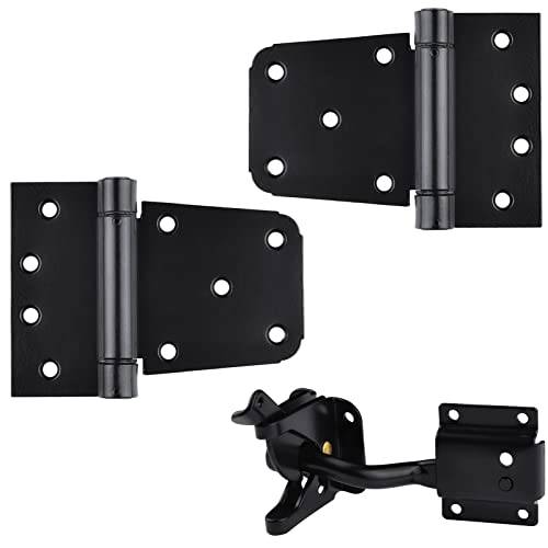 Self-Closing Heavy Duty Gate Hardware Kit 1 Pack Self-Locking Gate Latch & 2 Pack 3.5" Adjustable Spring Gate Square Barn Hinges, Gate Hardware Set For Wood Vinyl Fence Gate Shed Door, Black Finish #TOP5