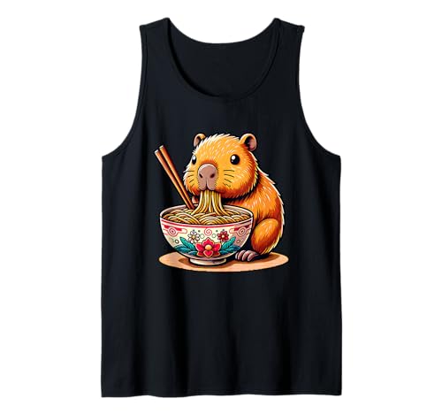 Lindo Kawaii Capibara Comiendo Ramen Japonés Anime Camiseta sin Mangas