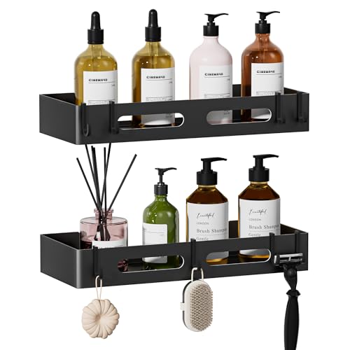 Wisfame Etagere Salle de Bain sans Percage, 2 Pièces Porte Savon Douche, Rangement Salle de Bain Rangement avec Adhésif (Noir)