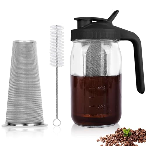 Cold Brew Coffee Maker, 32 Oz Coffee Maker with Super Dense Stainless Steel Filter, Durable Glass, BPA Free, Sturdy for Iced Coffee, Lemonade, Homemade Fruit Drinks