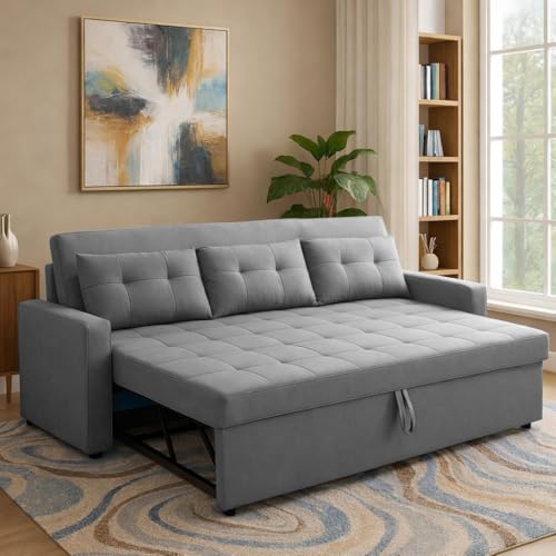 Image of Casaliving Treshta 3 Seater Pull-Out Premium Fabric Sofa Cum Bed Sofa Set for Living Room (Dark Grey Fabric Color) Premium Fabric Sofa Set for Living Room Sofa Cum Bed