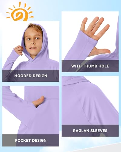 Image of Boys Rash Guard Long Sleeve Hoodie Swim Shirt with Pocket Youth Kids UPF 50+ Sun Protection Fishing Shirts Thumb Hole