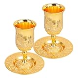PAMINGONO 2 Stück Schabbat Weinkelche aus Geprägter Zinklegierung mit Tablett Judaica Kelchbecher für Havdalah Zeremonien und Jüdische Feiertage Goldfarben Rituelles Trinkgeschirr