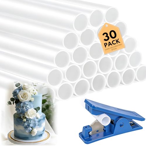 30PCS Cake Dowels Set 11.8inch Plastic Cake Dowels for Tiered Cakes with Piper Cutter Reusable Cakes Supports for Tiered Cakes White Cakes Support Rods Dowel Rods for Stacking Supporting