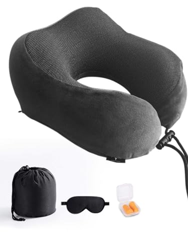 Twelve Travel⢠Pillow, 100% Pure Memory Foam Neck Pillow, Airplane Travel Kit with 3D Contoured Eye Masks, Earplugs, and Travel Bag, Standard (Grey)