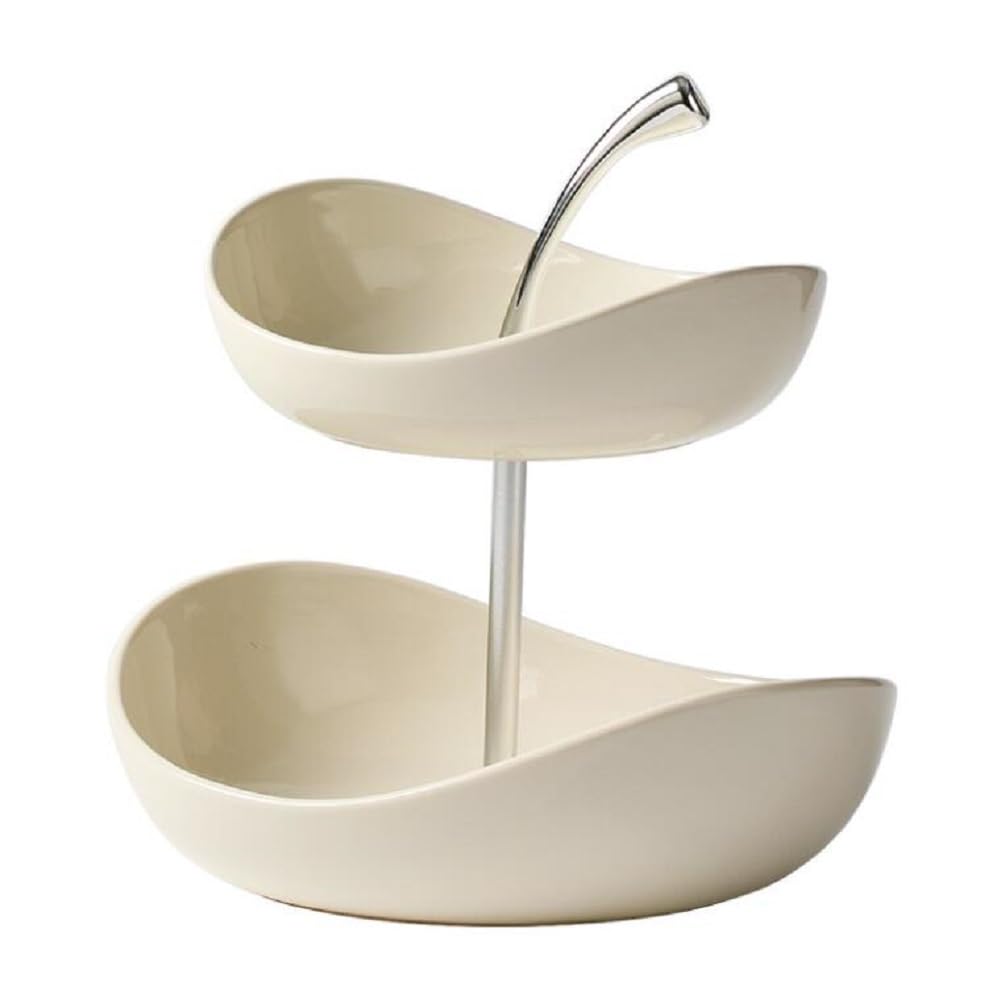 Cestino per Frutta in Ceramica A 2 Livelli Piano Cucina, Portafrutta con Supporto in Metallo,Fruttiera in 2 Ripiani Vassoio da Portata per Cibo, Verdure, Torte E Dessert per Feste,Bianca