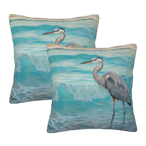 aipoase Grey Heron Turquoise Waves Throw Pillow Covers 18 X 18 Inch Set of 2 Pillow Cases Decoration Cushion Cover for Sofa Bedroom Living Room Outdoor
