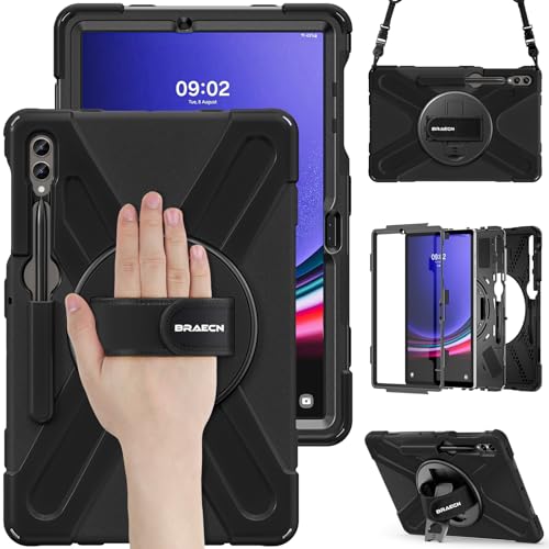 BRAECN Custodia per Samsung Galaxy Tab S10+/S9 FE+/S9+/S8+/S7 FE/S7+ 12.4 Pollici, Antiurto Robusto Cover con Supporto Girevole a 360° e Cinturino a Mano, Portapenne, Tracolla Portatile, Nero