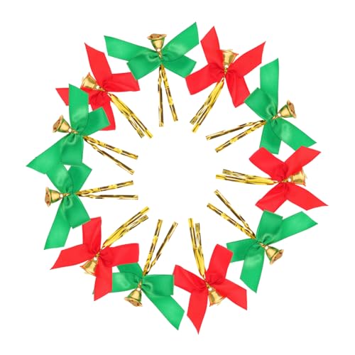 Gatuida 20 Piezas Lazos Navideños con Campanas Mini Lazos Prémoldeados para Manualidades Decoración Colgante para Árbol Coronas y Envoltura de Regalos Rojo y Verde