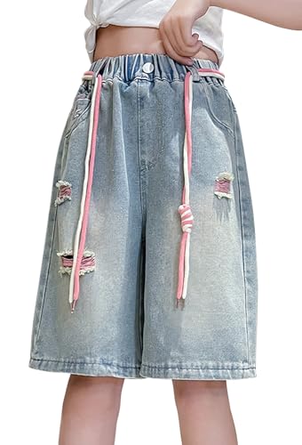 SEAUR Pantalon Midi en Denim Déchiré Fille Jean Décontracté Shorts Bermuda Taille Élastique Pantalon Court à Jambe Large Chic Vintage Bleu 6 11-12 Ans