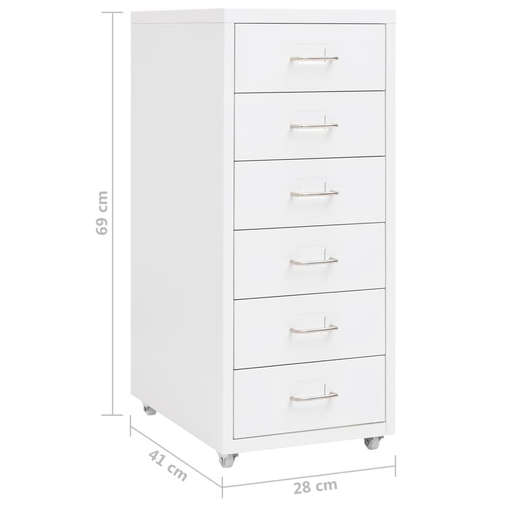 Hängeregistraturschrank aus Stahl mit 6 Schubladen in Weiß, 28 cm Breite für die Büroorganisation, Büro Aktenschrank mit Rollen und Metallkonstruktion