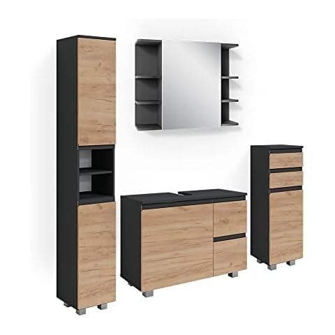 Vicco Badmöbelset J-Shape Anthrazit Eiche modern Badezimmer Schrank Spiegelschrank Midischrank Hochschrank Schranktür Schrankschublade Schrankfach Ablage Aufbewahrung Cover