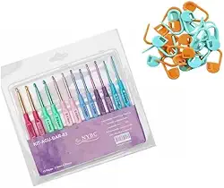 Kit Agulhas de Crochê Neon 12 Tamanhos + 20 Marcadores de Ponto Círculo – Alumínio Anatômico, Leve e Preciso para Crochê, Tricô e Artesanato