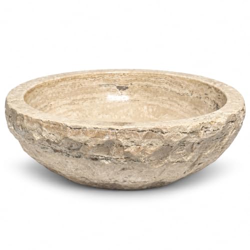 Shades of Nature Round Bowl Travertine Vessel Sink, Natural Stone Wash Basin, Hand-Carved Bathroom Sink, Chiseled Exterior, Polished Interior, Above Counter Vanity (Soap Tray Included)