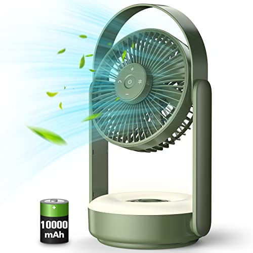 Zmirne 10000mAh Battery Desktop Fan with Remote & Light, Run Up to 38H, Oscillating Desk Fan for Nightstand/Desk in Bedroom/Office, Foldable Portable Fan for Travel, Olive-Green
