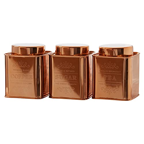Premier Housewares Set Of 3 Copper Finish Storage Canisters Tea Coffee Sugar Set Kitchen Storage Jars Canister For Sugar Coffee Tea Stylish Metallic Airtight Containers 10 x 13 x 30