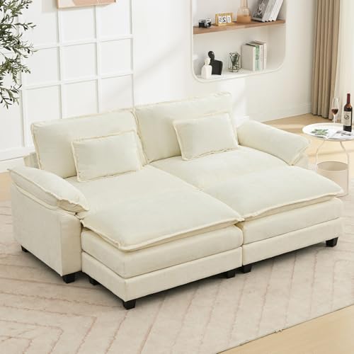 Image of Oprisen 86 inch Modular Sectional Sofa, Comfy Cloud Couch Sectional Sofa with Ottoman, Chenille Sofa Sleeper Deep Seat Sofa with Throw Pillows for Living Room (Beige White)