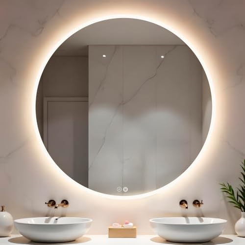 Marctani Espejo Baño Redondo con Luz LED Regulable en 3 Colores - Espejo de Pared ANTIVAHO con Ajuste de Brillo con Memoria e Interruptor Táctil - Espejos Inteligente Retroiluminado (70 x 70 cm)