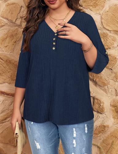 Image of Koscacy Women Plus Size V Neck 3 /4 Roll Sleeve Sweater Casual Knit Tops Solid Color Blouses