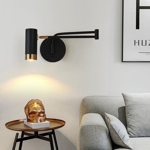 KRIPINC Industriell Wandlampe mit Schalter und Schwenkarm, E27 5W LED Schwenkbar und Ausziehbare Leselampe Wand mit Verstellbarem Langen Arm, Wandleuchte Vintage für Wohnzimmer, Schlafzimmer (Schwarz)