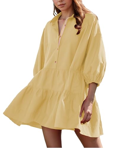 Image of HangNiFang Women's Summer Babydoll Mini Dress Flowy Puff Sleeve Tiered Button Down Oversized Tunic Dress with Pockets