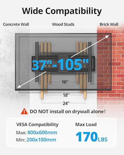 Image of USX STAR 85 86 98 100 inch Heavy Duty TV Wall Mount for 37-105 inch Large TVs, Pre-Assembled TV Mount with Tool-Free Tilt, Up to 170lbs, VESA 800 x 600mm, 24″ Wood Studs