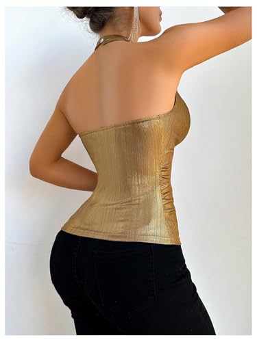 SHENHE Women's Metallic Halter Tops Draped Front Open Back Sexy Sleeveless Ruched Party Top2
