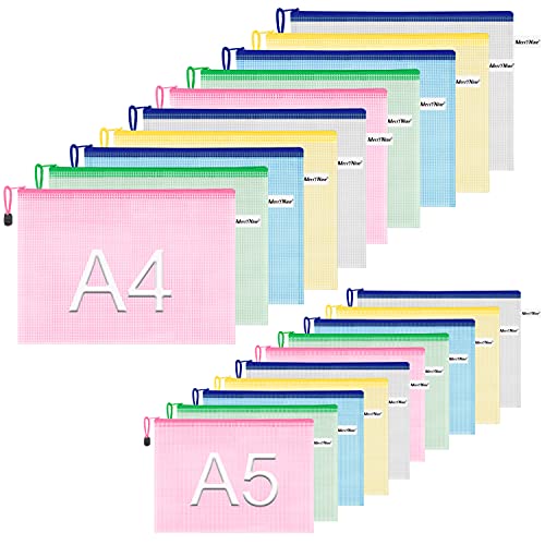 A4A5 Zipper Tasche, ‘MerryNine Dokumententasche, Netz-Reißverschluss, A4, A5, jeweils 15 Stück, 5 Farben, Kunststoff, für Büro und Reise, 30 Stück Cover