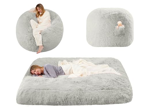 Beanbag Bed Giant Bean Bag Chairs for Adults, Large Floor Mattress Convertible Bean Bag Bed, Big Bean Bag Chairs Couch, Removable Sofa Bed Chair Foam Filling, Machine Washable, Full, Light Gray