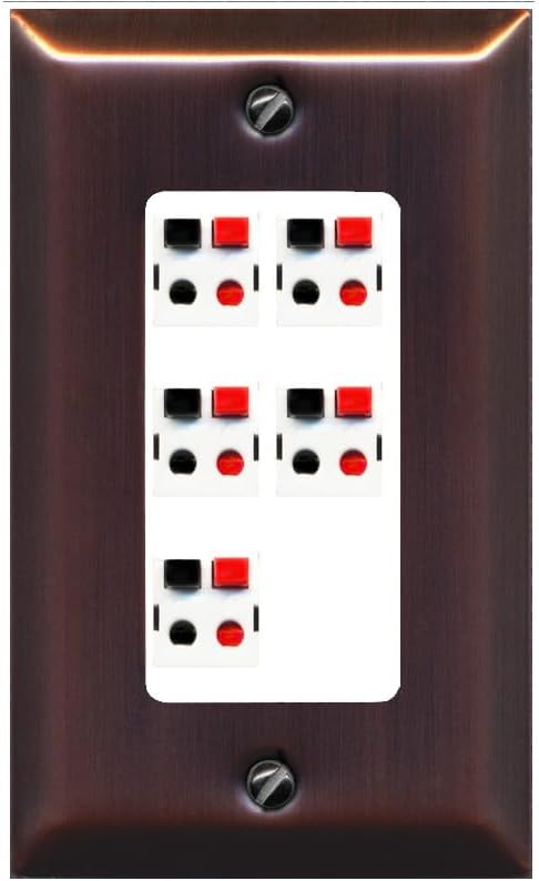 RiteAV 5 Port Speaker Wire Plug Jack Wall Plate - 1 Gang Decorative [Brushed-Copper/White]