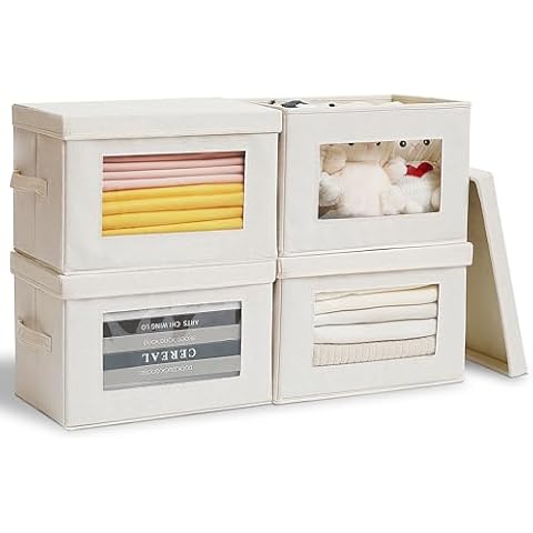 Citylife 4-Pack Storage Bins with Lids, Fabric Foldable Storage Bins with Soft Cord Handles, Cube Closet Storage Baskets with Lids, Organizers for Organizing Clothes and Books, Beige Cover