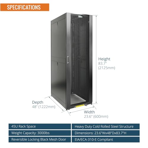 Image of Tecmojo 45U Server Rack Cabinet - PRE-Assembled 24inch Width 48inch Depth IT Network Equipment Cabinet Rack Enclosure with Casters - 3000lbs Weight Capacity(06Black)