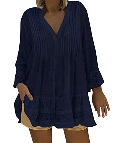 Minetom Chemise à Manches Longues pour Femmes Fashion Casual Blouse en Dentelle Tops en Coton lâche T-Shirt B Bleu FR 50